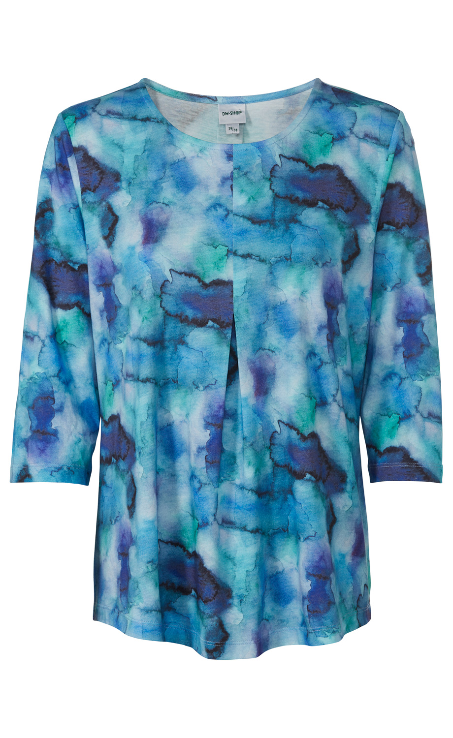 Baumwoll-Mix Shirt mit 3/4-Ärmeln, Rundhalsausschnitt, blauer und grüner Aquarell-Optik, mittige Faltenlegung vorne, leicht taillierte Passform.