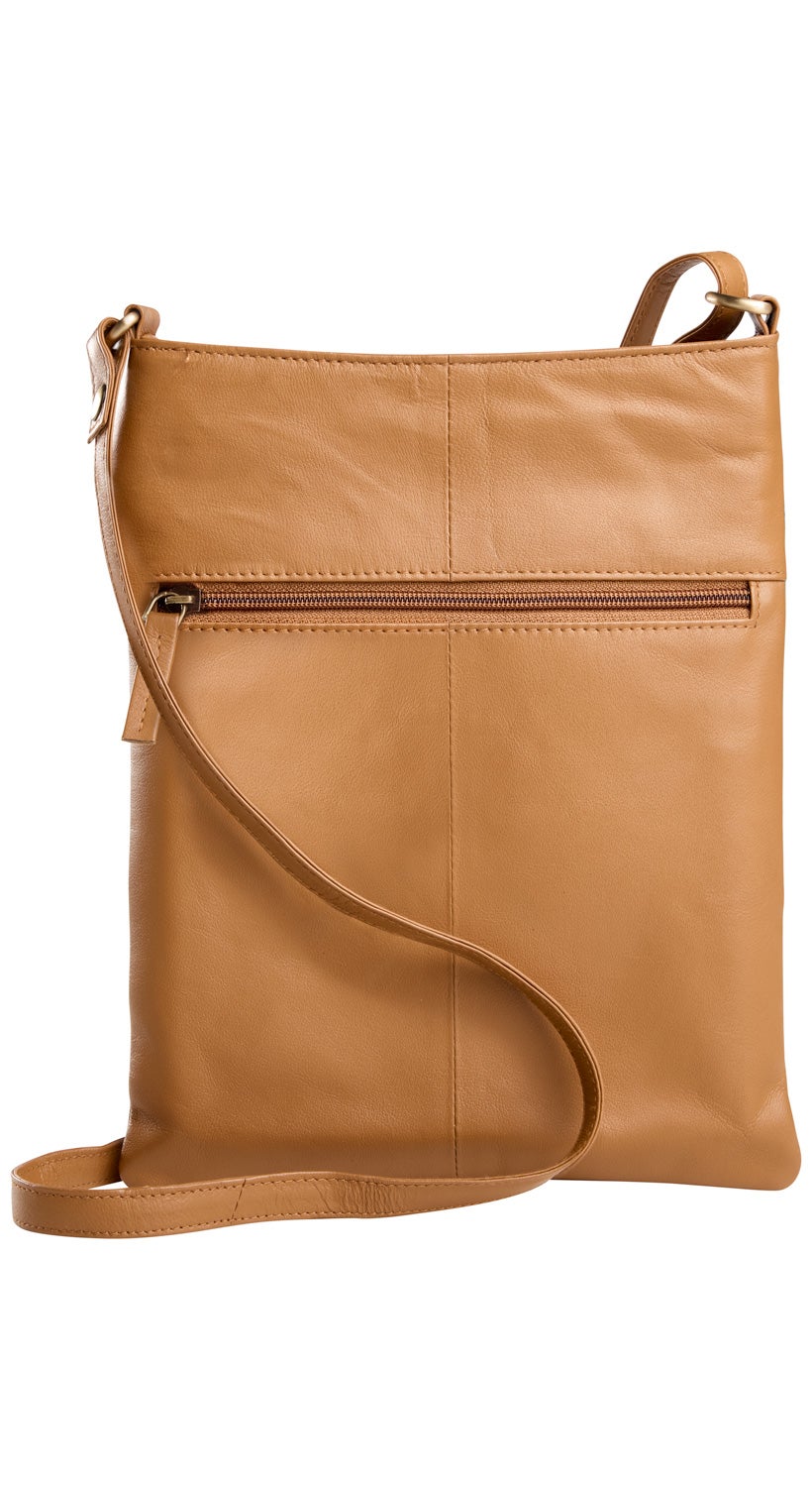 Schlichte Schultertasche aus braunem Leder mit Reißverschlussfach vorne und verstellbarem Schulterriemen, rechteckige Form, glatte Oberfläche, minimalistisches Design, praktische Größe für Alltag und Freizeit
