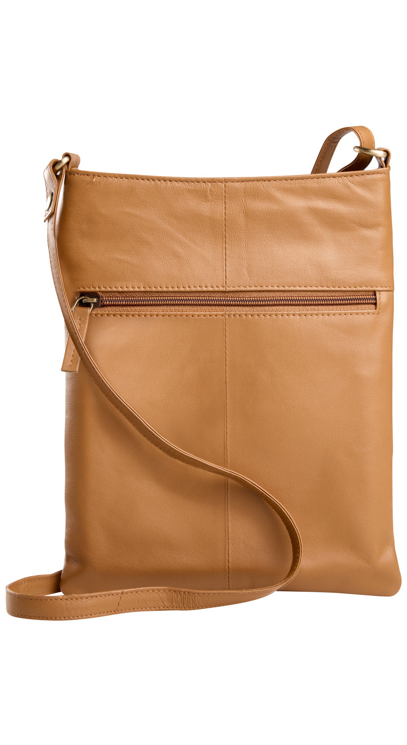 Schlichte Schultertasche aus braunem Leder mit Reißverschlussfach vorne und verstellbarem Schulterriemen, rechteckige Form, glatte Oberfläche, minimalistisches Design, praktische Größe für Alltag und Freizeit
