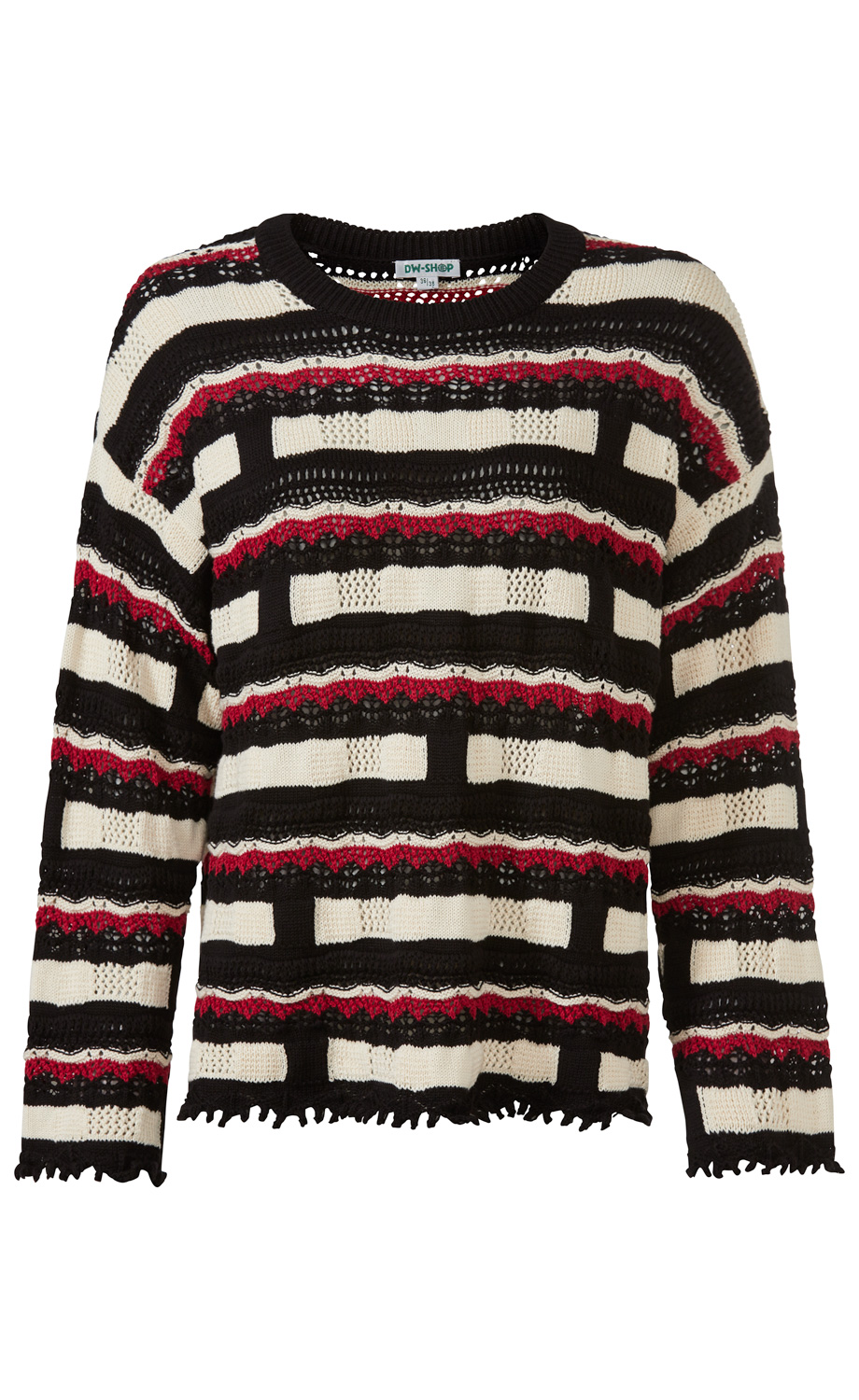 Baumwoll-Pullover mit Rundhalsausschnitt, schwarzen, weißen und roten Querstreifen, locker gestrickt mit transparenten Mustern, langen Ärmeln und leicht ausgefranstem Saum.