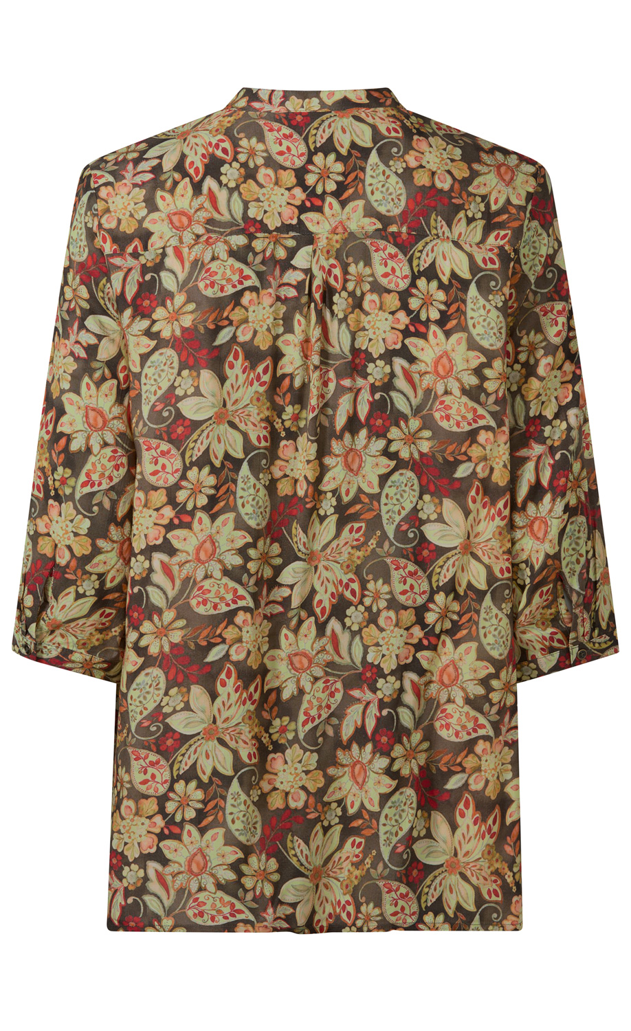 Rückansicht einer Modal-Bluse mit dreiviertellangen Ärmeln, braunem Hintergrund und floralem Muster in Beige, Grün, Rot und Orange, mit Falte und Rückenpasse