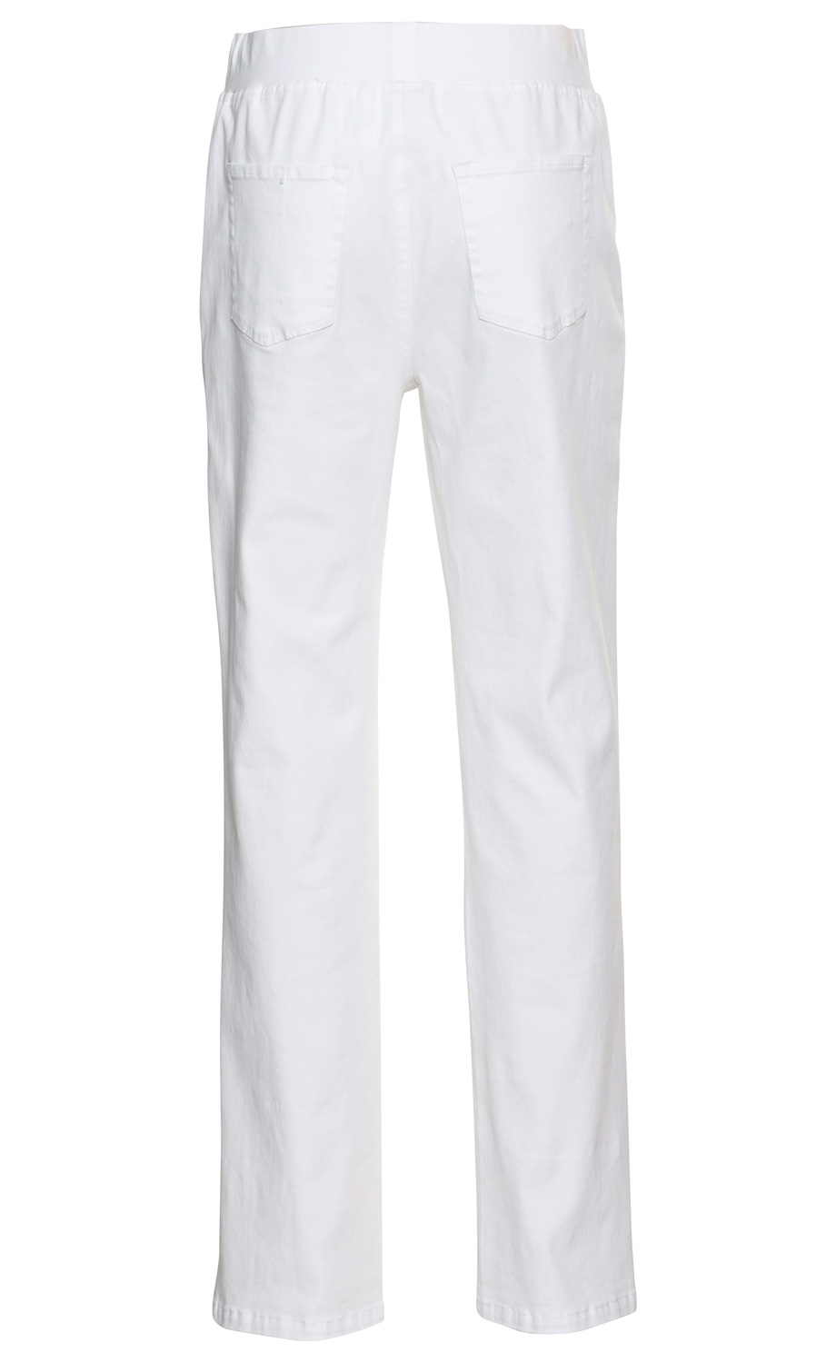 Weiße Baumwoll-Mix-Hose, gerade geschnitten, Rückansicht, mit elastischem Bund und zwei aufgesetzten Gesäßtaschen, glatte Oberfläche, casual Style, knöchellang.