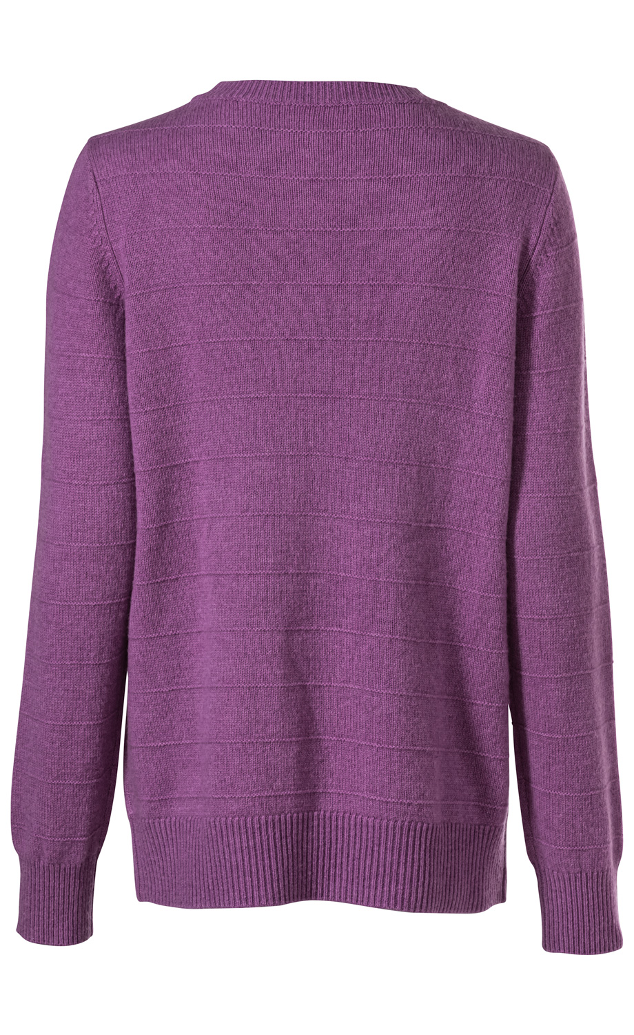 Rückansicht eines lila Yak-Mix-Pullovers mit langem Arm, feiner Struktur und horizontalem Streifenmuster, geripptem Saum und Bündchen aus weichem, gestricktem Material