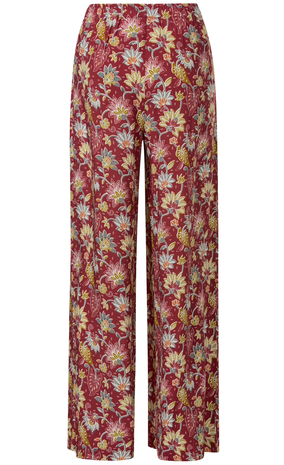 Viskose-Hose mit weitem Bein, rotem Grundfarbe, floralem Muster in Gelb, Weiß, Orange und Blau, elastischer Bund, gerader Schnitt.