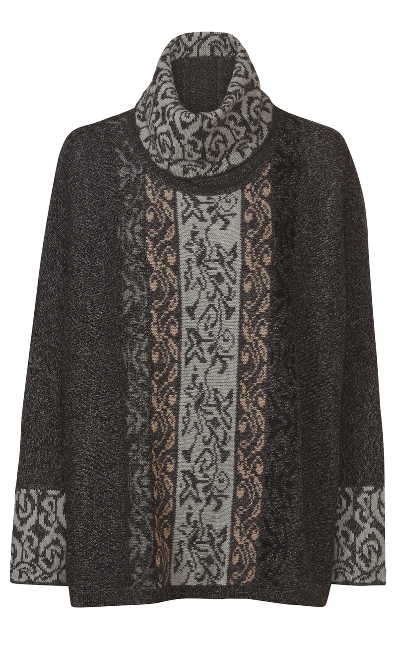 dunkelgrauer Alpaka-Pullover mit Rollkragen, mittigem vertikalem Muster in hellgrau und beige, ebenfalls gemusterte Ärmelabschlüsse, grob gestrickt, warm und weich