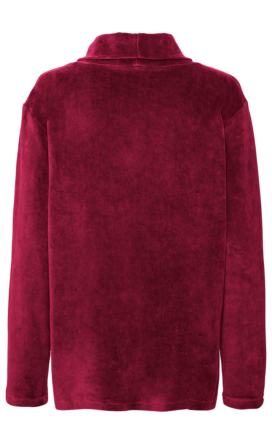 Dunkelrotes Baumwoll-Shirt mit langem Arm, Rückansicht, ohne Muster, mit rundem Kragen, glatte weiche Textur, schlichtes Design, gerade Passform, für kühle Tage geeignet.