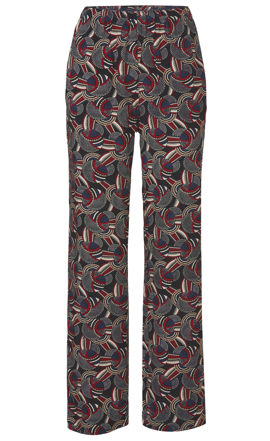 Viskose-Hose mit elastischem Bund, gerade geschnitten, mit abstraktem Muster in Rot, Blau, Beige und Weiß auf schwarzem Hintergrund
