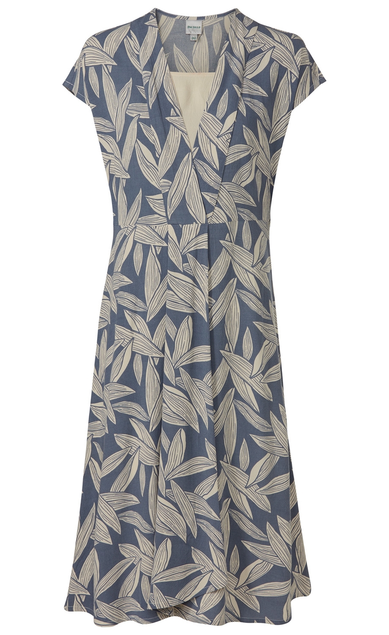 Viskose-Kleid blau mit hellbeigem Blätter-Print, V-Ausschnitt, kurze Ärmel, taillierter Schnitt und schwingender Rock, Größe 38, Etikett sichtbar