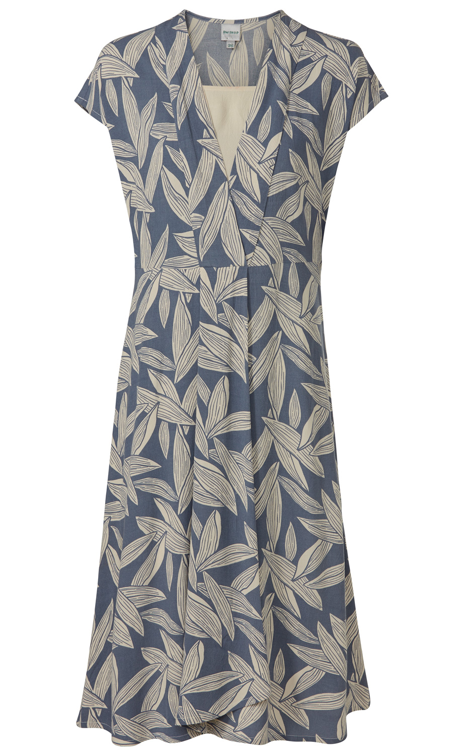 Viskose-Kleid blau mit hellbeigem Blätter-Print, V-Ausschnitt, kurze Ärmel, taillierter Schnitt und schwingender Rock, Größe 38, Etikett sichtbar