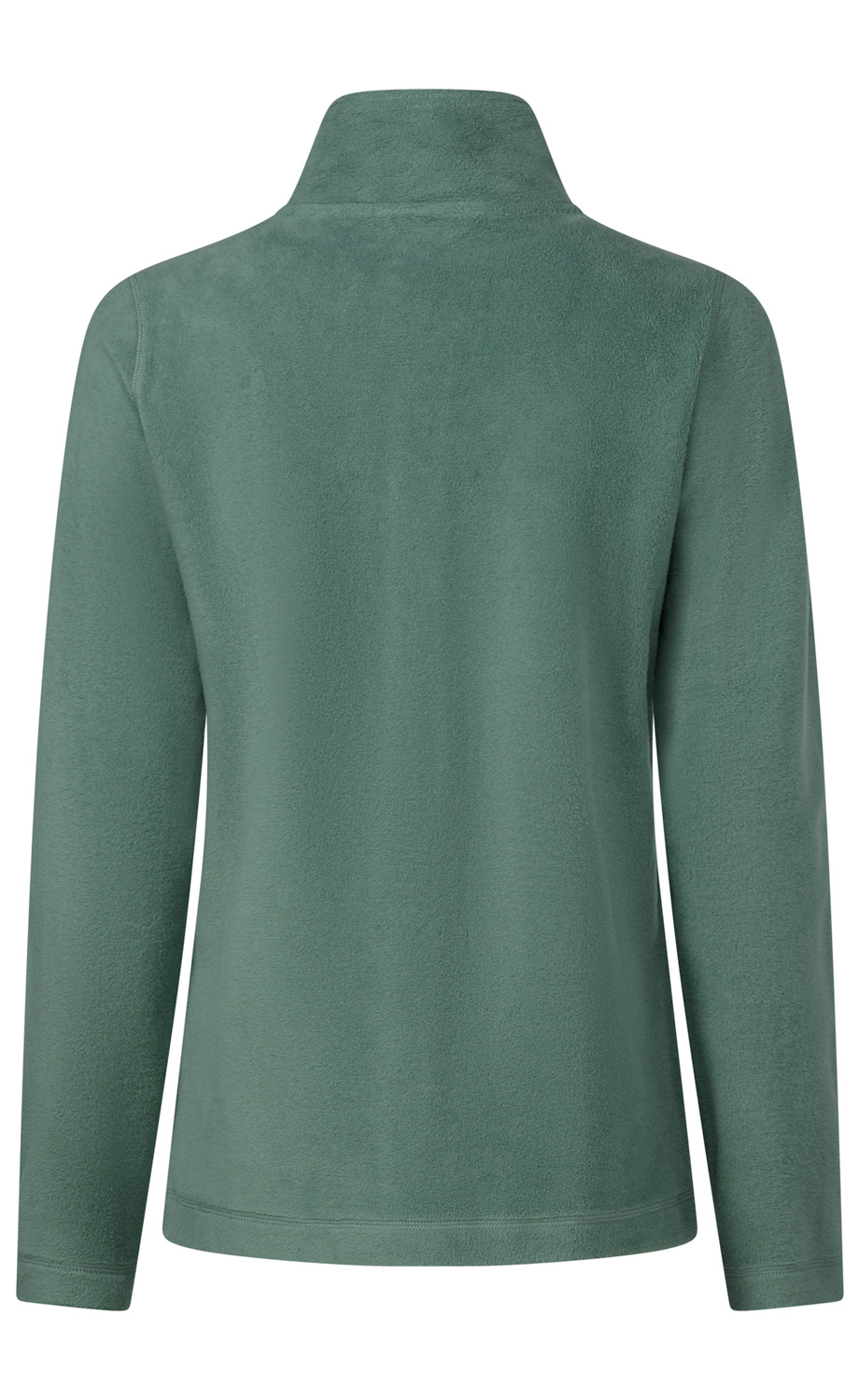 grüner Damen-Fleecepullover, lange Ärmel, Stehkragen, Rückansicht, schlichtes Design ohne Muster, weiches Material