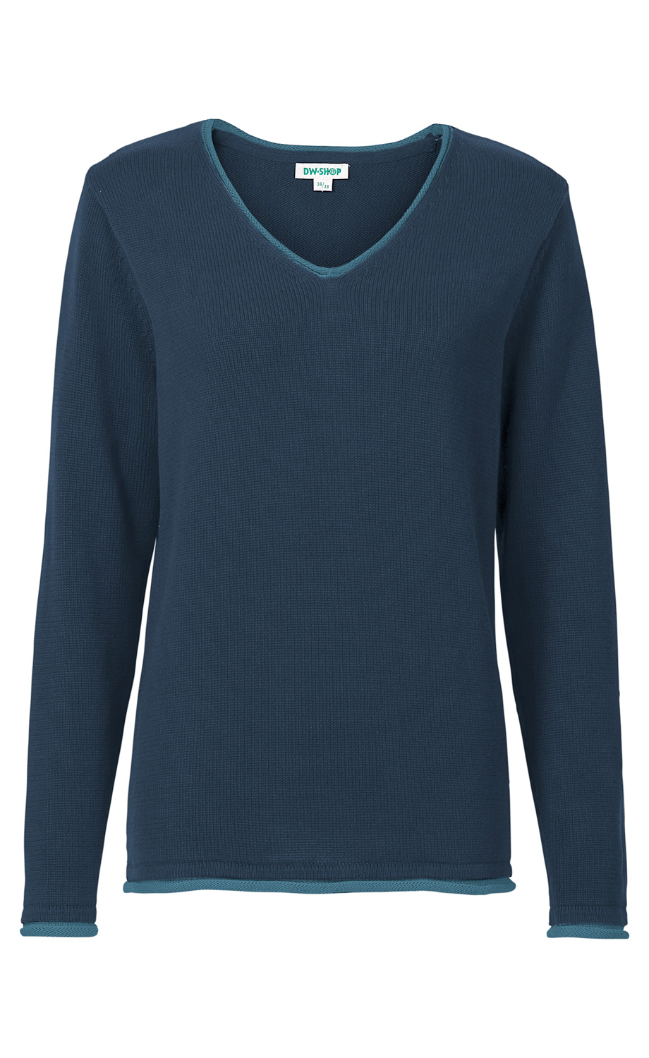 dunkelblauer Langarm-Pullover mit V-Ausschnitt und hellblauen Besätzen an Kragen, Saum und Ärmelenden, glatt gestrickt, Größe 36/38