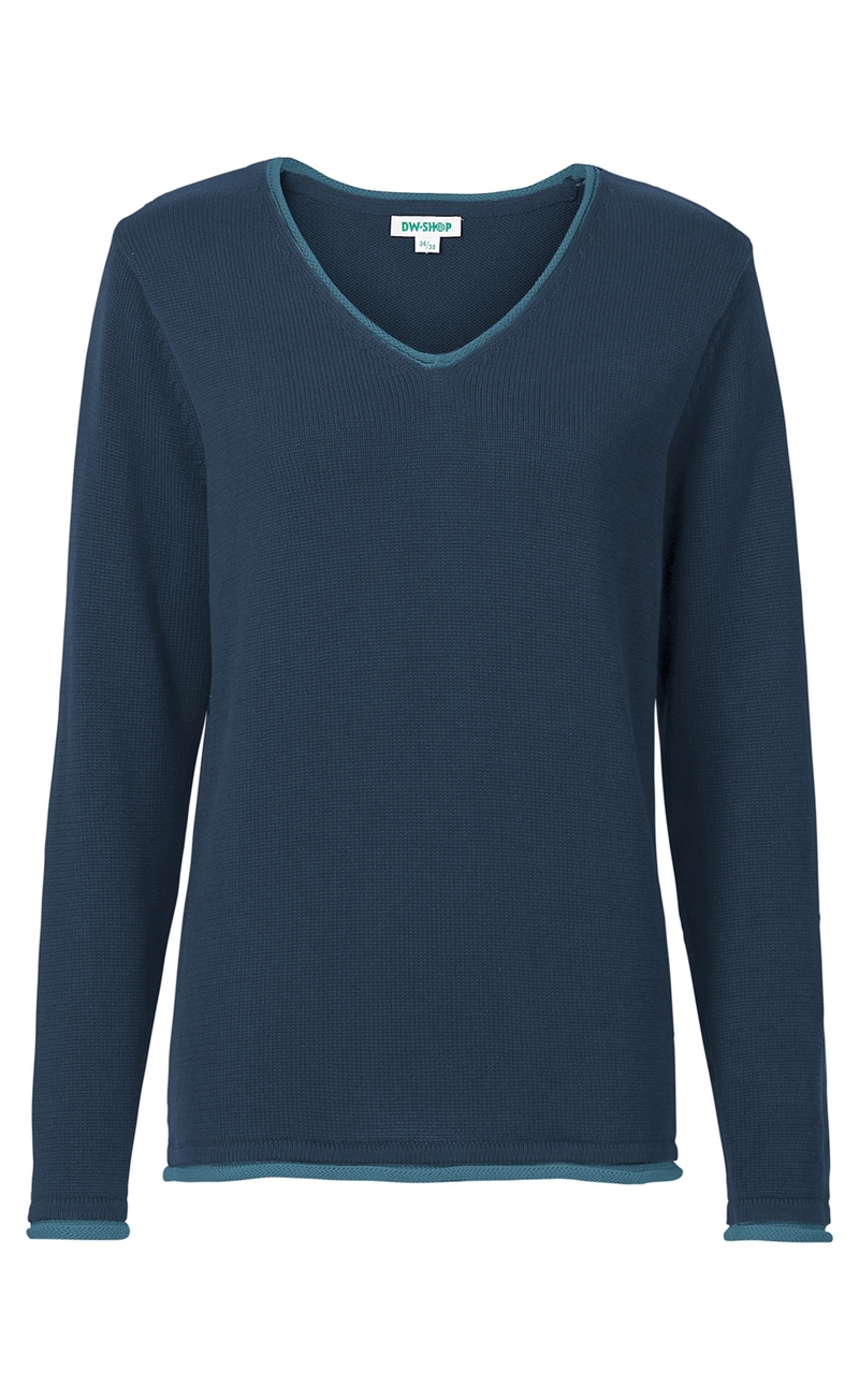 dunkelblauer Langarm-Pullover mit V-Ausschnitt und hellblauen Besätzen an Kragen, Saum und Ärmelenden, glatt gestrickt, Größe 36/38
