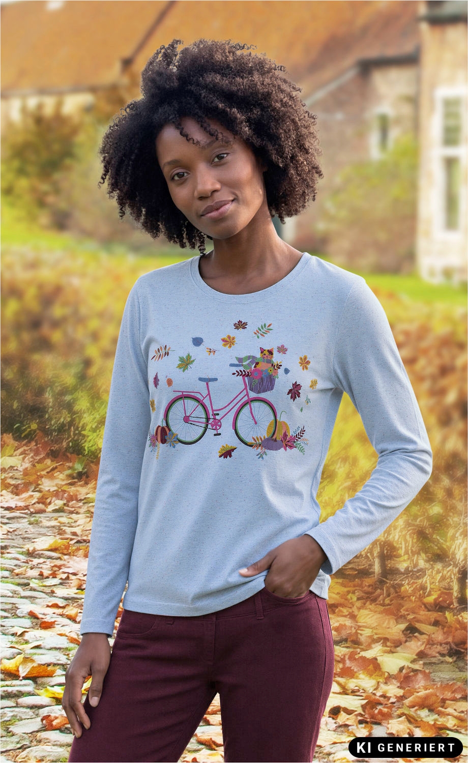 Frau mit lockigem Haar trägt hellblaues Baumwoll-Mix Langarmshirt mit buntem Fahrrad- und Katzenmotiv, steht lächelnd vor herbstlicher Szenerie mit Laub auf Kopfsteinpflaster und unscharfen Gebäuden im Hintergrund