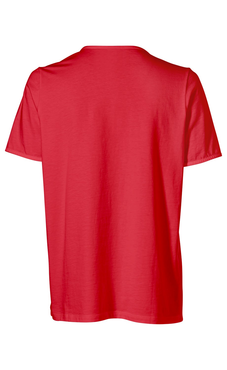 Rückansicht eines roten Baumwoll-Shirts mit kurzem Arm und Rundhalsausschnitt vor weißem Hintergrund