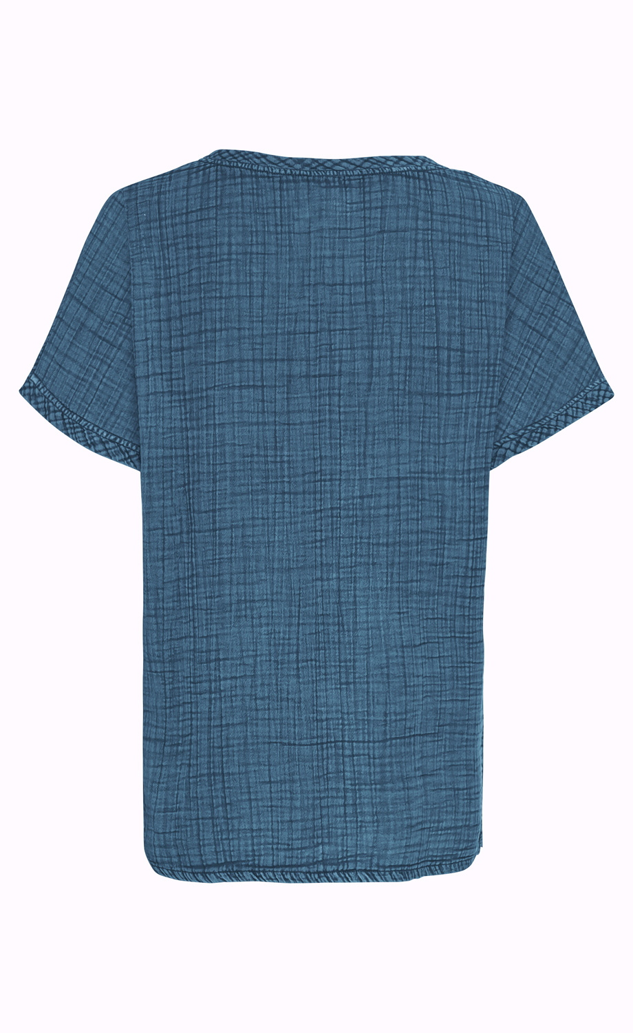 Baumwoll-Bluse in Dunkelblau mit kurzem Arm, rundem Halsausschnitt und texturiertem Karomuster, Rückansicht, gerade geschnitten, schlicht und casual