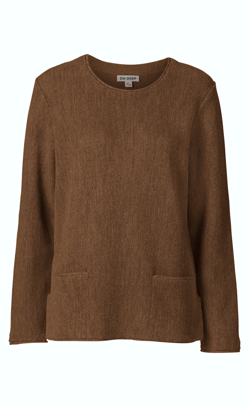 Damen Alpaka-Pullover in braun, langärmlig, rundhalsausschnitt, mit zwei aufgesetzten Taschen vorne, feine Strickstruktur, gerade Passform