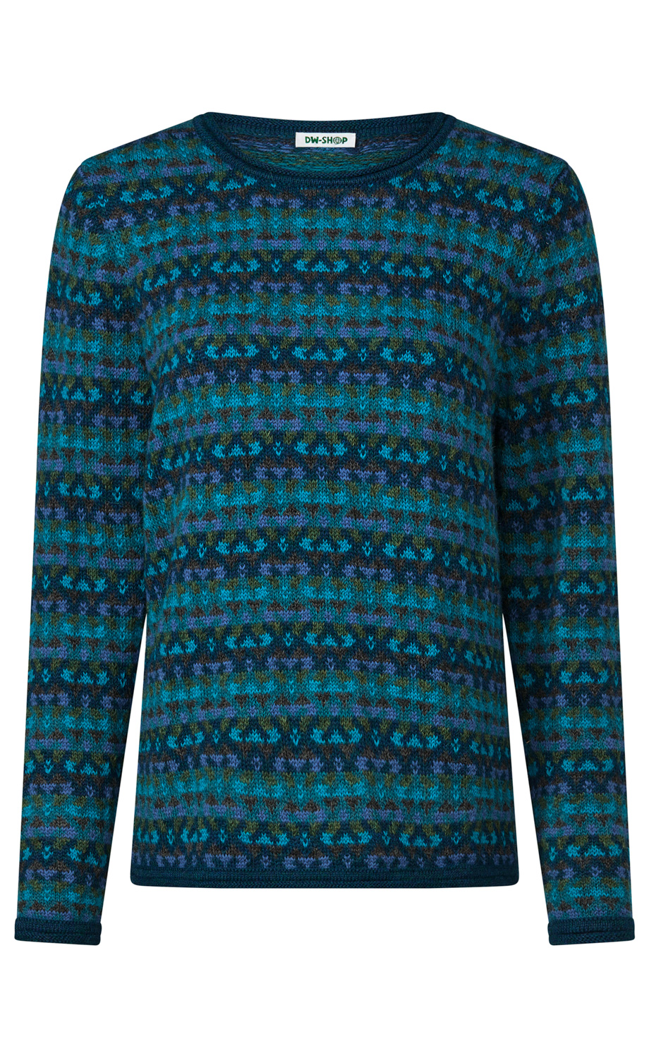 blau-grüner Pullover mit langem Arm und Rundhalsausschnitt, gestrickt mit mehrfarbigem Muster in verschiedenen Blautönen, violett und grün, schmale Bündchen an Ärmeln und Saum, Etikett mit grünem Schriftzug am Kragen