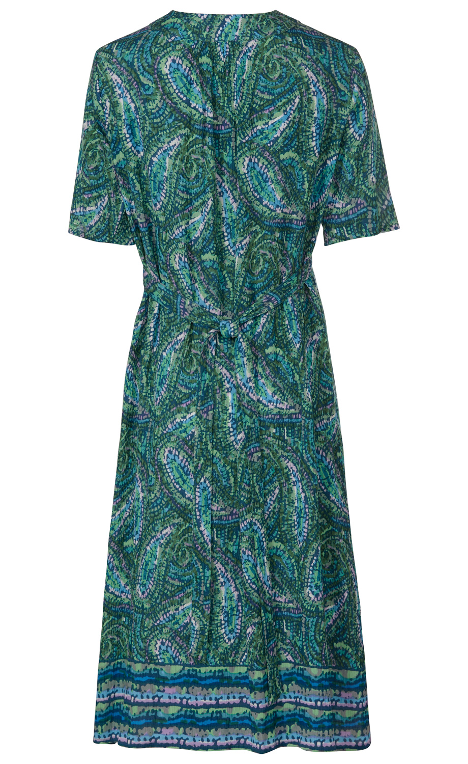 Viskose-Kleid in Grün- und Blautönen mit abstraktem Muster, kurzen Ärmeln, mittellang, mit Taillengürtel und leicht ausgestelltem Rock, Rückansicht.