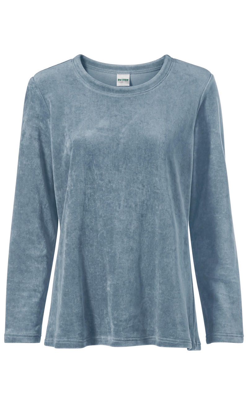 blaues Damenlangarmshirt aus samtigem, leicht glänzendem Stoff mit Rundhalsausschnitt und geradem Saum