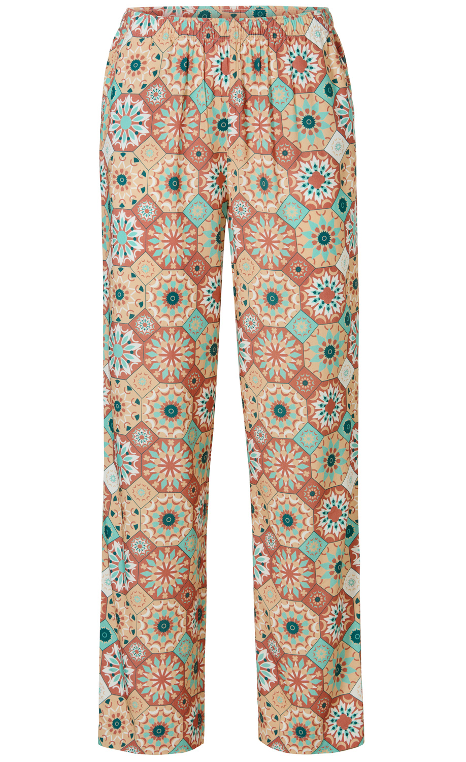 Viskose-Hose mit elastischem Bund, weiter Schnitt, buntes geometrisches Muster mit floralen Elementen in Beige, Türkis, Braun und Weiß