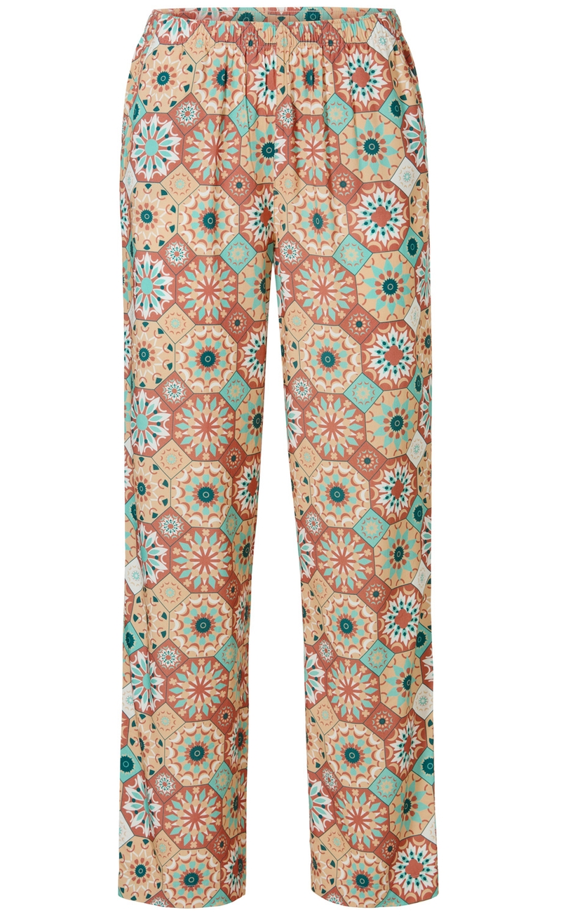 Viskose-Hose mit elastischem Bund, weiter Schnitt, buntes geometrisches Muster mit floralen Elementen in Beige, Türkis, Braun und Weiß