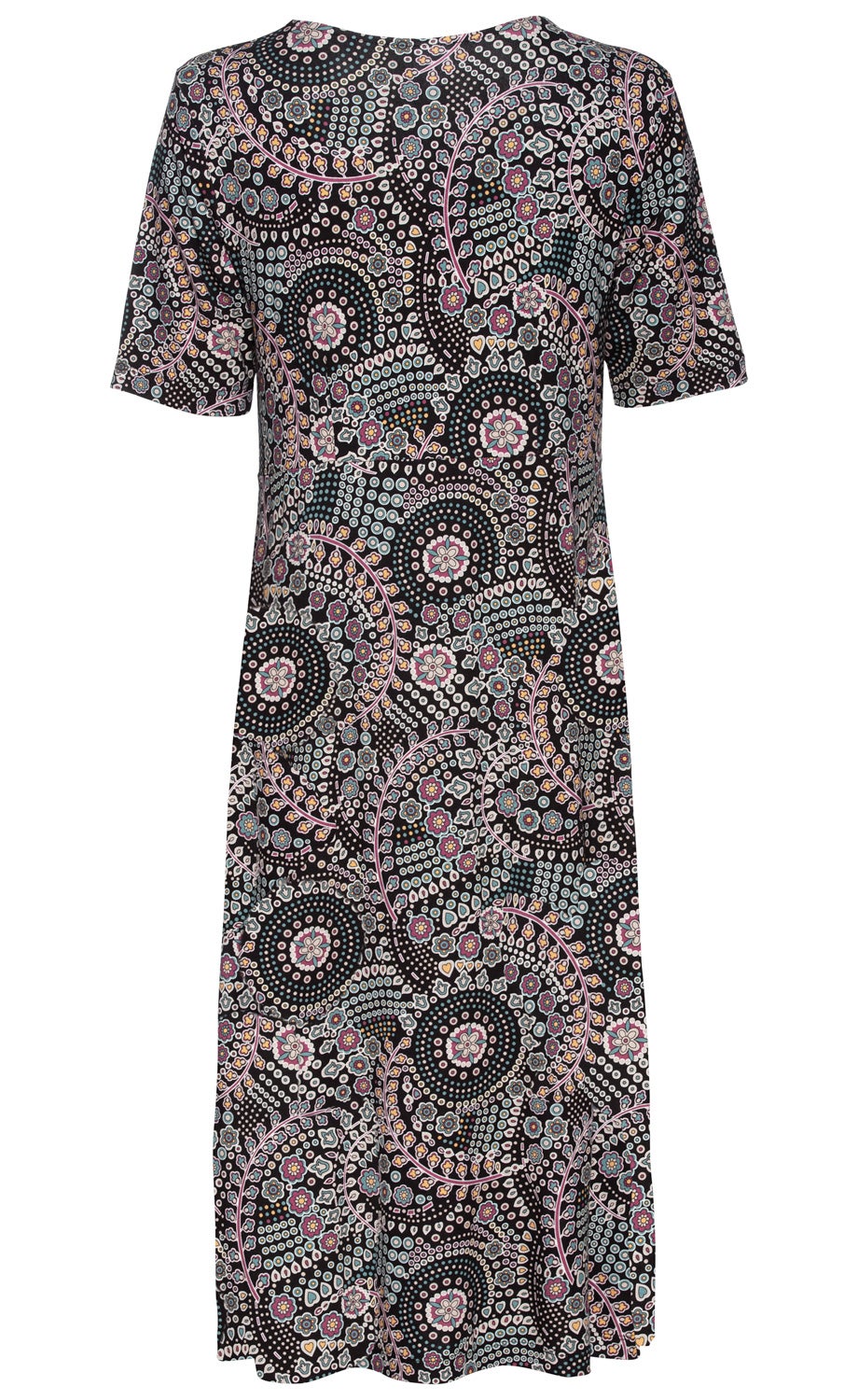 Viskose-Mix-Kleid mit kurzen Ärmeln, knie- bis midi-lang, schwarzer Grundfarbe, verzierter Mandala-ähnlicher Mustermix in Pastellfarben wie Hellblau, Rosa, Beige und Dunkelrot