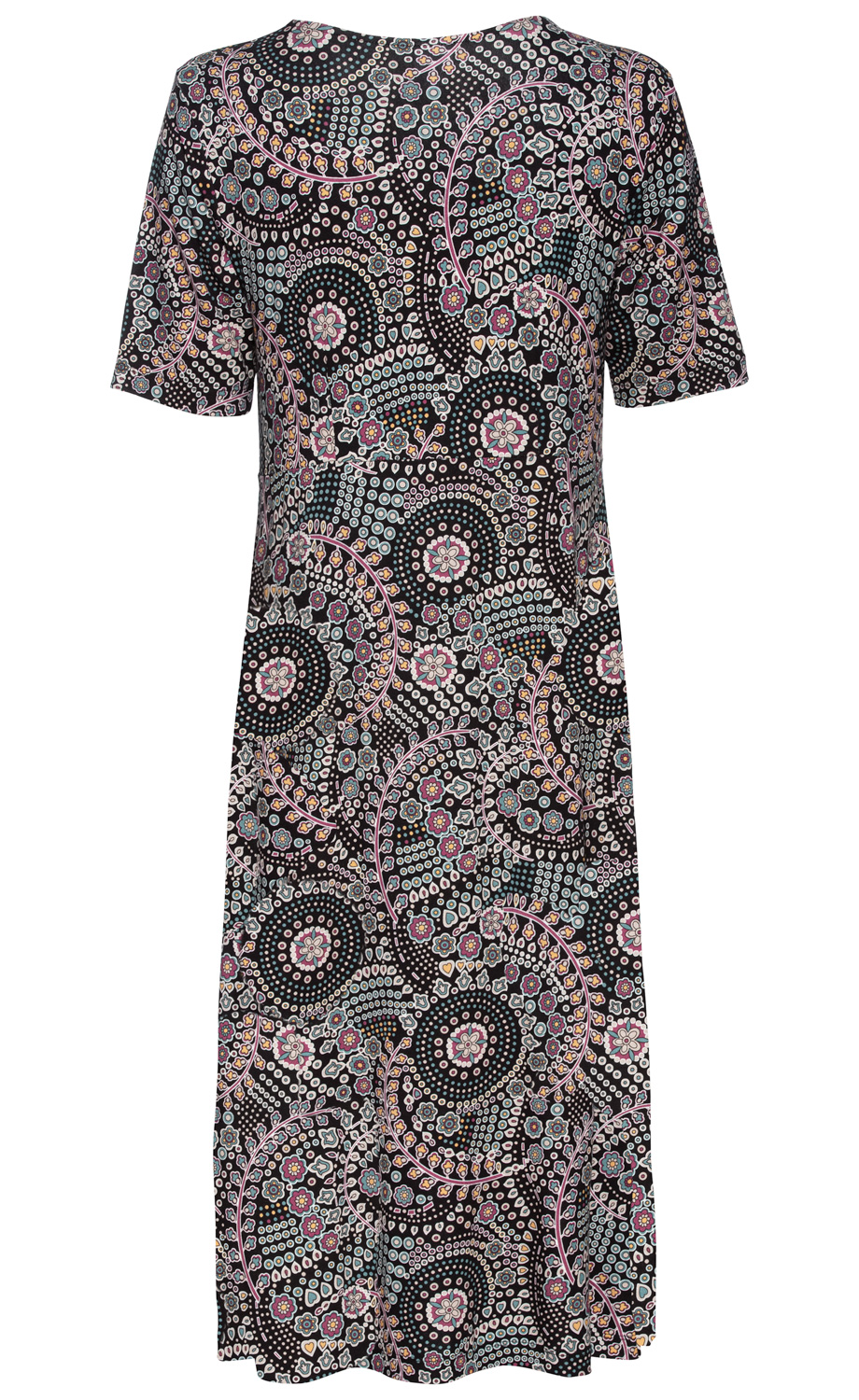 Viskose-Mix-Kleid mit kurzen Ärmeln, knie- bis midi-lang, schwarzer Grundfarbe, verzierter Mandala-ähnlicher Mustermix in Pastellfarben wie Hellblau, Rosa, Beige und Dunkelrot