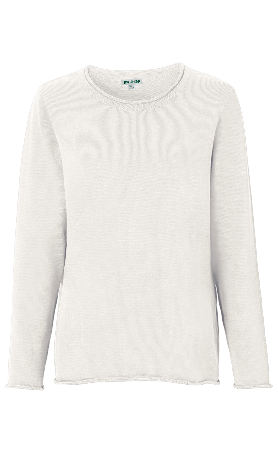 weißer Baumwoll-Pullover mit Rundhalsausschnitt und langen Ärmeln, leichte Struktur, einfache Form, ohne Muster, Etikett DW-SHOP im Kragen sichtbar