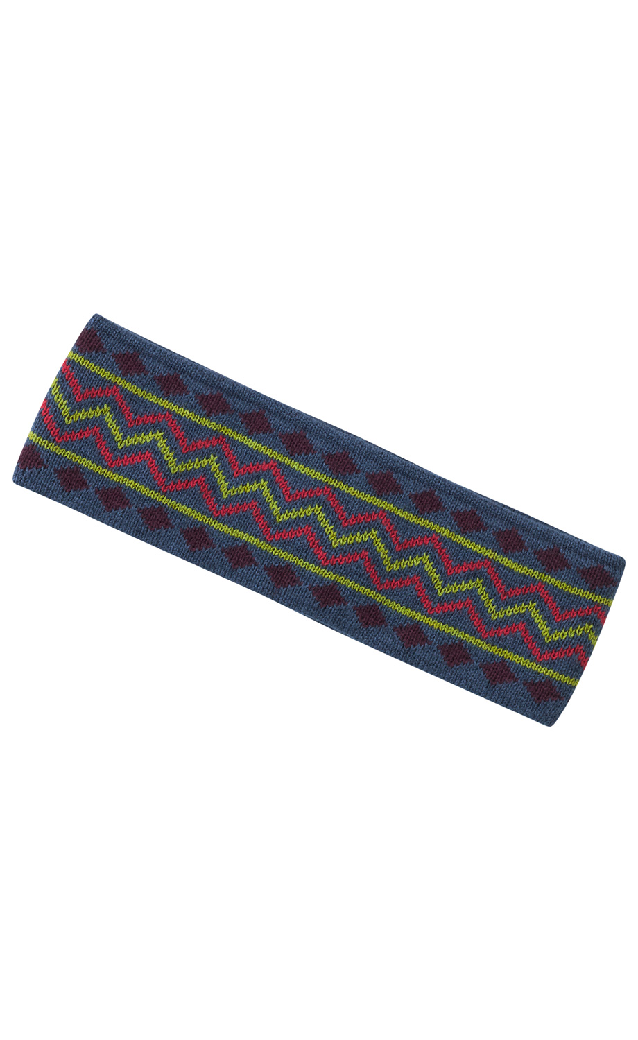 blaues gestricktes Stirnband mit rotem und grünem Zickzackmuster und dunkelroten Rauten, längliches rechteckiges Design, textile Oberfläche