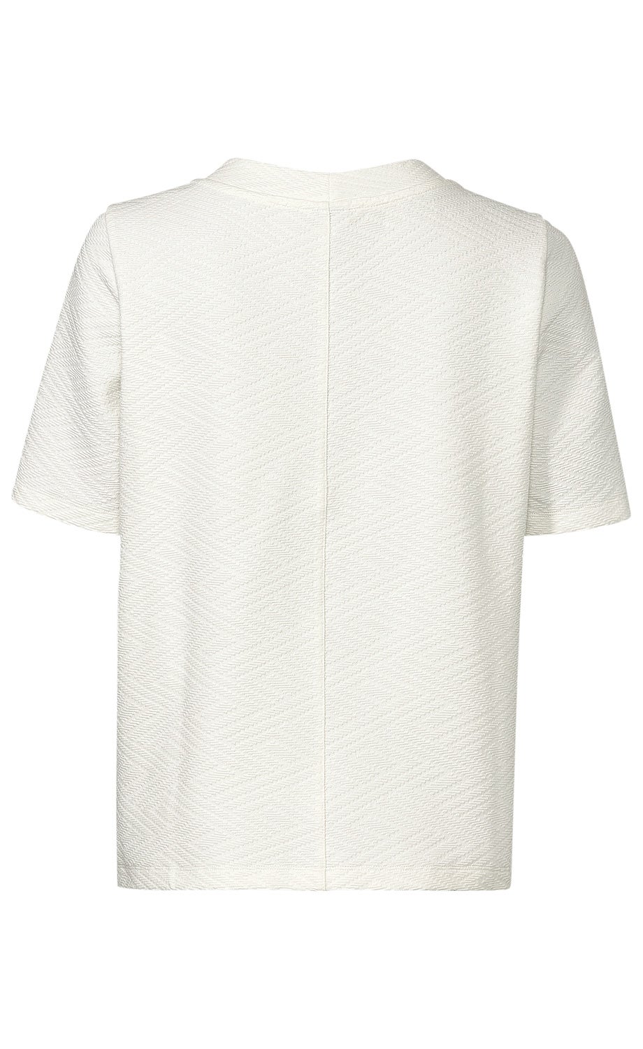 Baumwoll-Mix-Shirt in Weiß, Rückansicht, kurzärmelig, mit feiner Struktur in diagonaler Zickzack-Optik, gerader Schnitt, naht in der Mitte des Rückens, schlicht und modern