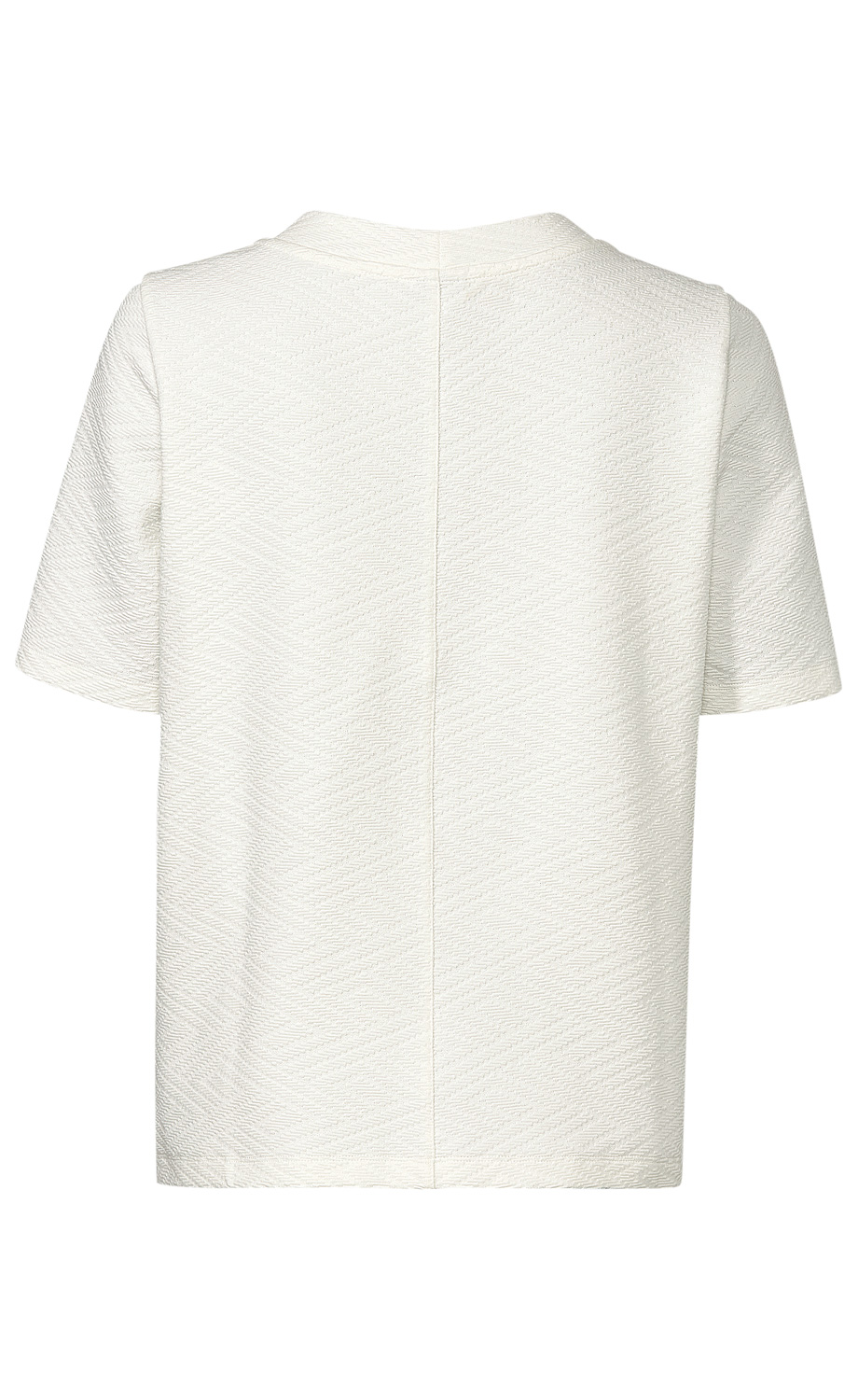 Baumwoll-Mix-Shirt in Weiß, Rückansicht, kurzärmelig, mit feiner Struktur in diagonaler Zickzack-Optik, gerader Schnitt, naht in der Mitte des Rückens, schlicht und modern