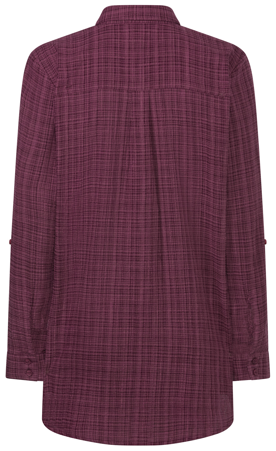 Rückenansicht einer langärmligen Bluse aus leicht transparentem, violett-karriertem Stoff mit Hemdkragen und Ärmelaufschlägen mit zwei kleinen Knöpfen