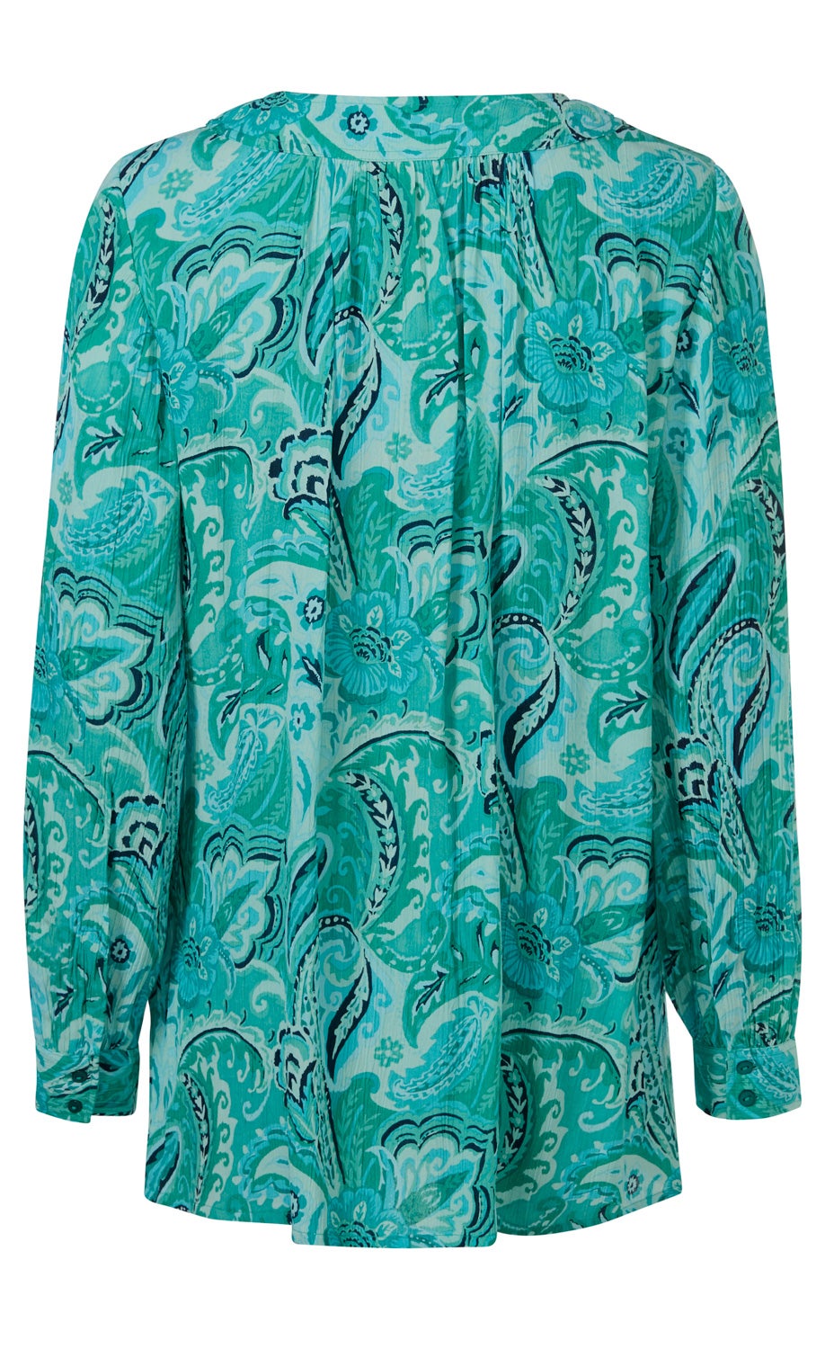 Rückenansicht einer langärmligen Viskose-Bluse mit türkisem Paisley- und Blumenmuster in verschiedenen Türkis- und Blautönen, mit leichter Faltenlegung unterhalb des Rundhalsausschnitts und Manschetten mit Knöpfen an den Ärmeln