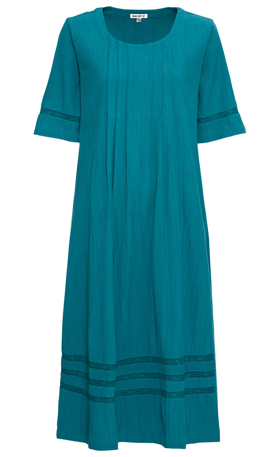 Blaugrünes Baumwoll-Kleid mit kurzen Ärmeln, Rundhalsausschnitt, feinen Falten vorne, Spitzenborte an Ärmeln und Saum, lockerer Schnitt bis knapp unter die Knie.