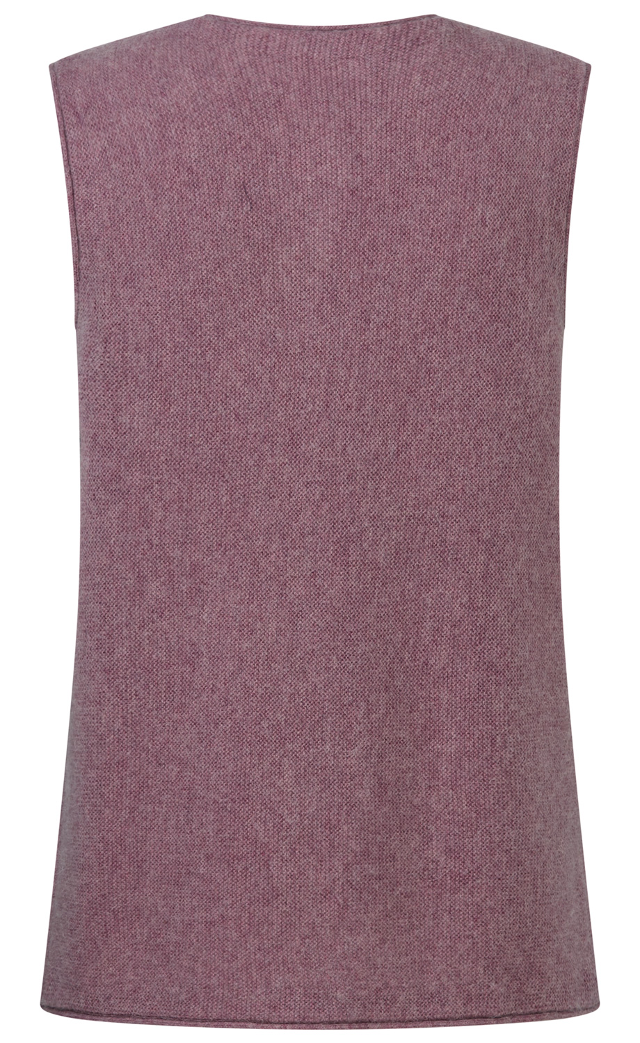 Rückenansicht eines ärmellosen, violett-melierten Strickpullovers mit schmalem Rundhalsausschnitt und geradem Saum, aus weichem, leicht strukturiertem Stoff.