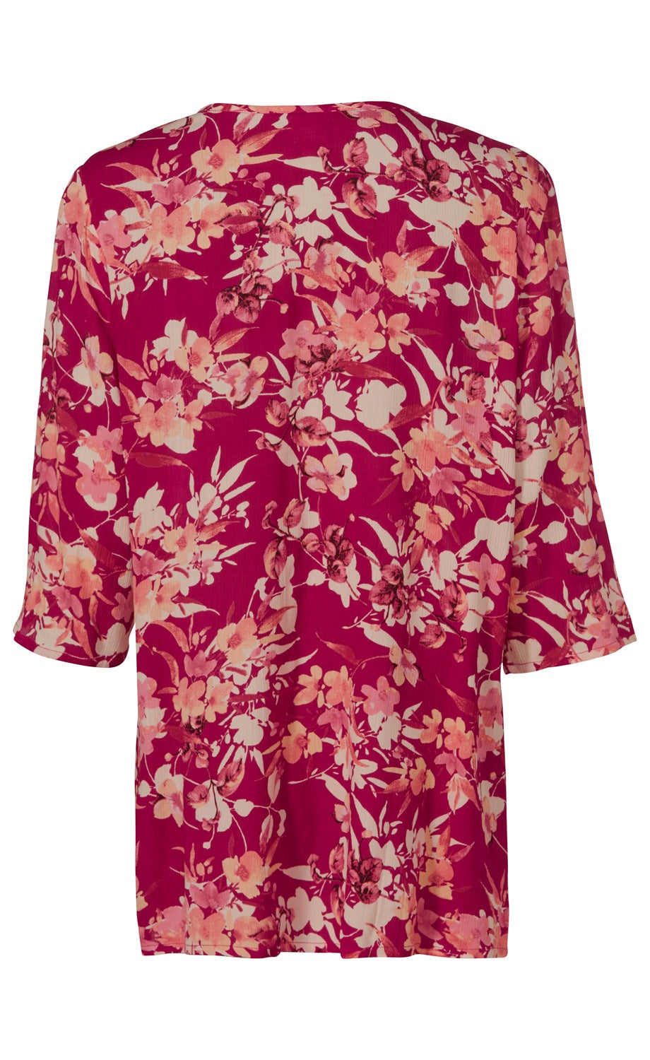 Rückansicht einer Viskose-Bluse in Dunkelrosa mit orangefarbenem und hellrosa Blumenmuster, halblangen Ärmeln und rundem Ausschnitt auf weißem Hintergrund