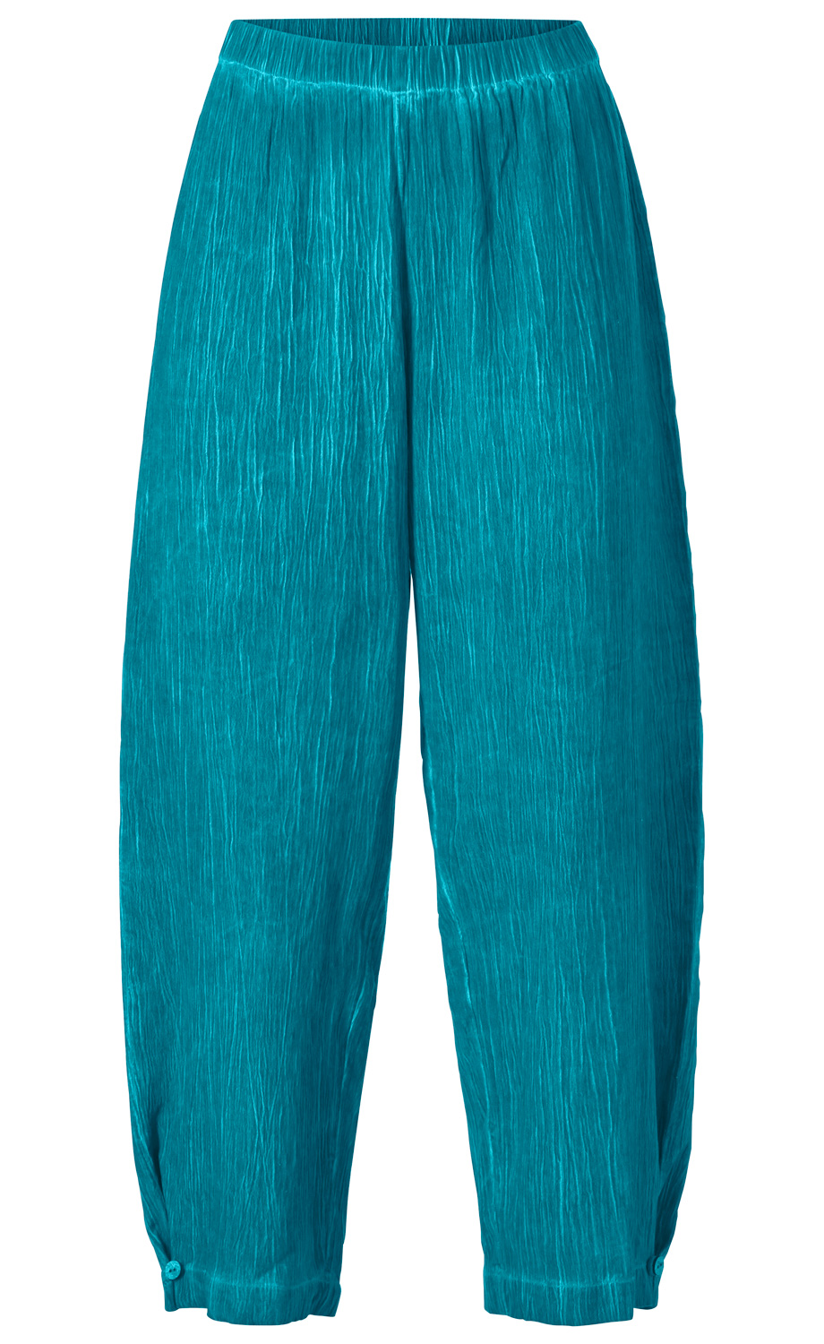 Türkisfarbene Viskose-Mix Hose mit elastischem Bund, weiter Schnitt, crinkle Oberfläche und geknöpften Bündchen am Saum, ohne Taschen oder Muster, freistehend vor weißem Hintergrund.