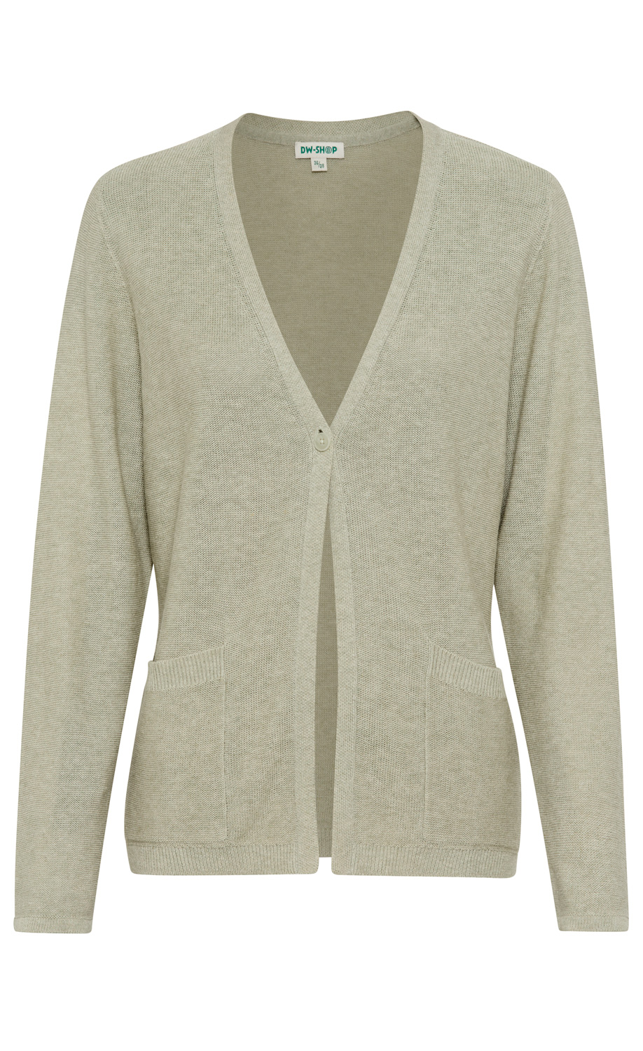 Hellgraue Lyocell-Mix-Strickjacke mit V-Ausschnitt, langärmlig, zwei aufgesetzten Taschen vorne und einem Knopfverschluss mittig, gerade geschnitten.