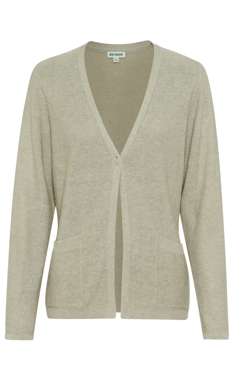Hellgraue Lyocell-Mix-Strickjacke mit V-Ausschnitt, langärmlig, zwei aufgesetzten Taschen vorne und einem Knopfverschluss mittig, gerade geschnitten.