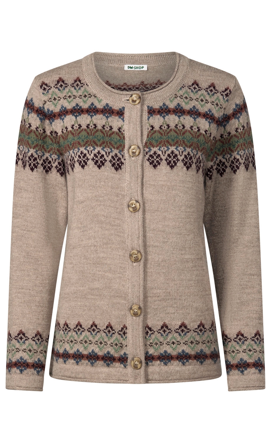 Beiger Strickcardigan mit buntem Norwegermuster in Blau, Grün und Braun, Rundhalsausschnitt, langen Ärmeln und fünf beigefarbenen Knöpfen vorn, gerade Passform