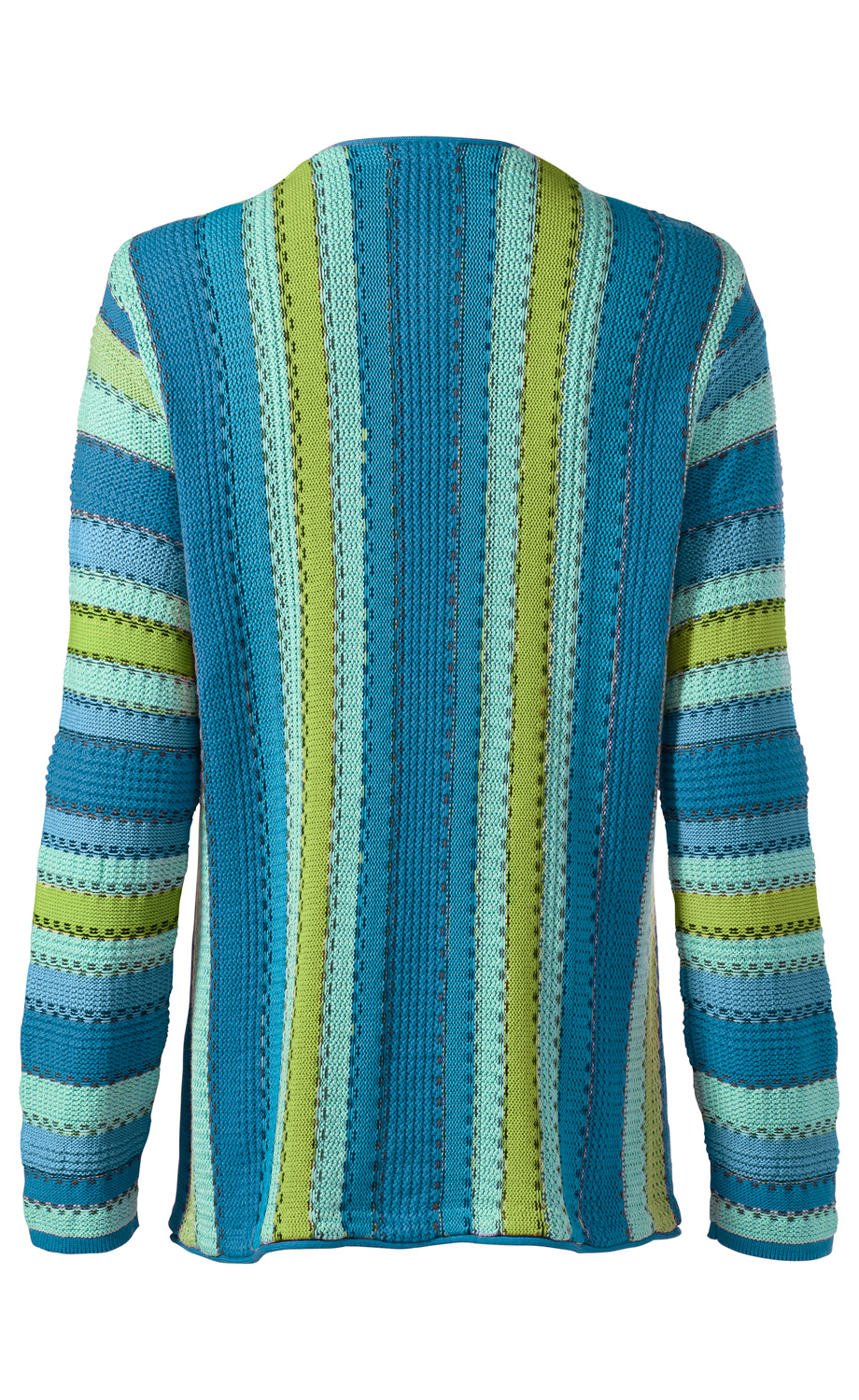Baumwoll-Strickjacke mit langen Ärmeln, Rückansicht, mehrfarbige vertikale Streifen in Blau-, Grün- und Türkistönen, leicht strukturierter Strick, gerader Saumabschluss, casual Schnitt
