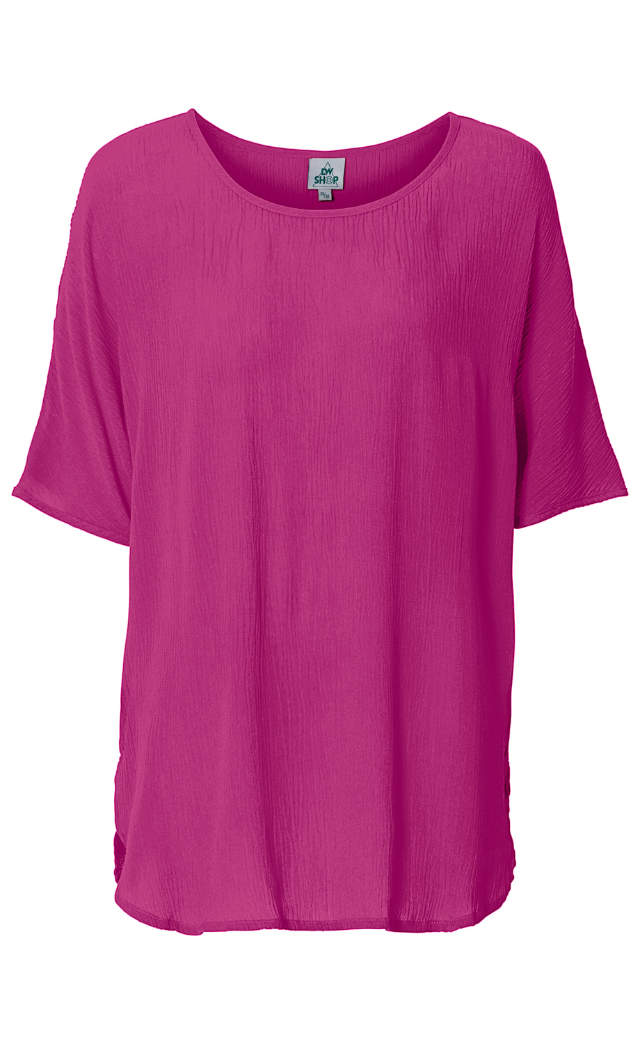 Rosa Viskose-Bluse mit kurzem Ärmel, rundem Halsausschnitt und leicht gekräuselter Textur, gerade und locker geschnitten