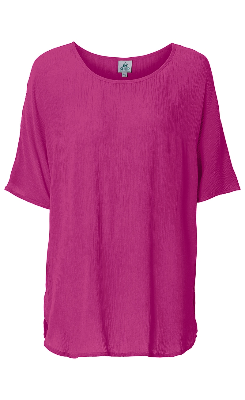 Rosa Viskose-Bluse mit kurzem Ärmel, rundem Halsausschnitt und leicht gekräuselter Textur, gerade und locker geschnitten