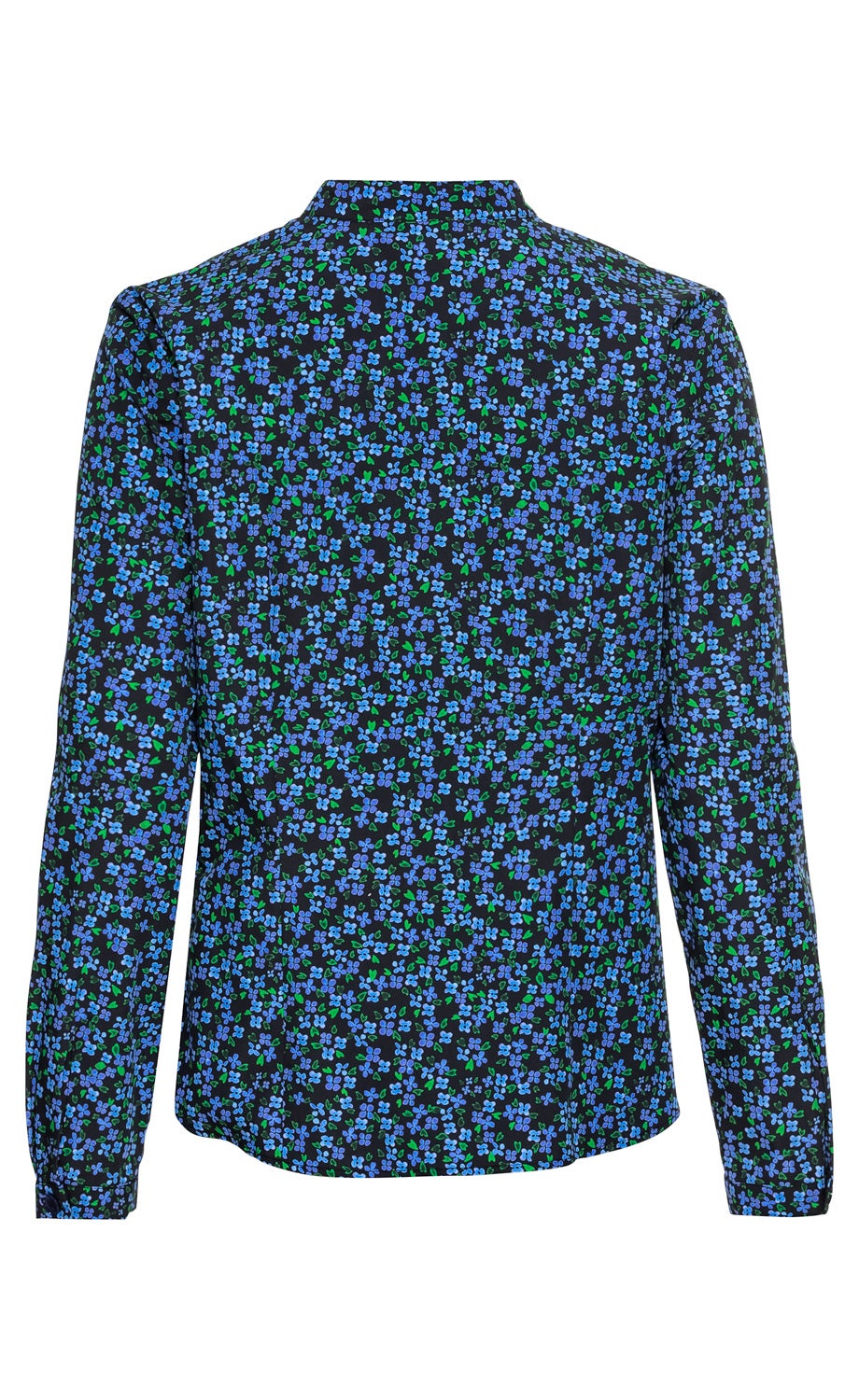 Rückansicht einer schwarzen Baumwoll-Bluse mit langem Arm, blau-grünem floralem Muster und Stehkragen