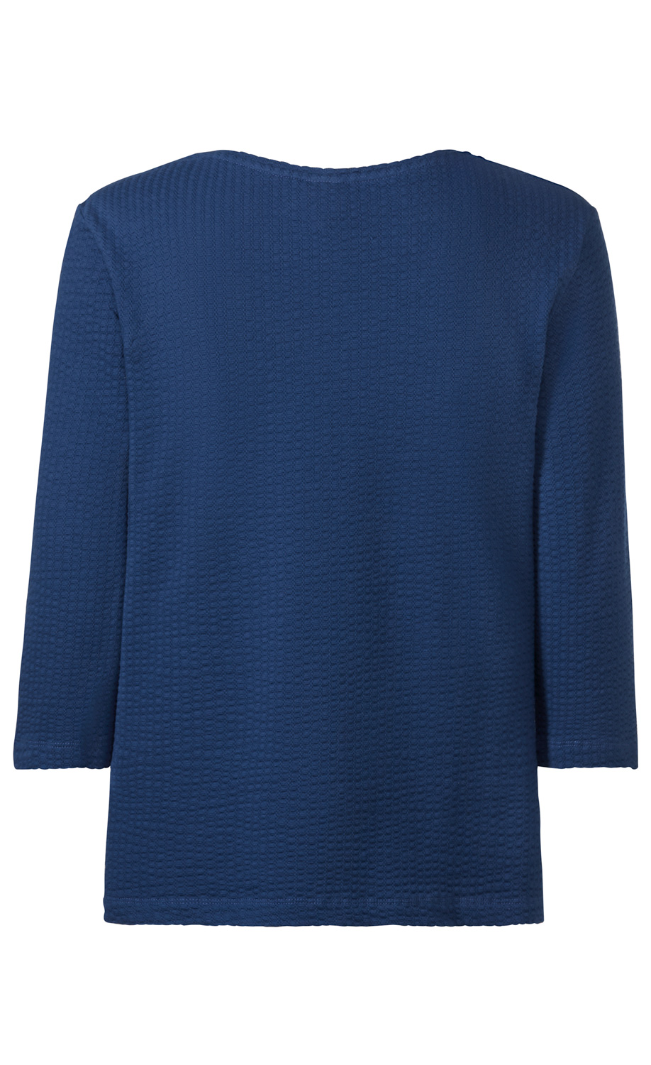 Baumwoll-Mix-Shirt in Dunkelblau mit 3/4-Ärmeln, strukturierter Oberfläche, hinten dargestellt, Rundhalsausschnitt, gerade geschnitten