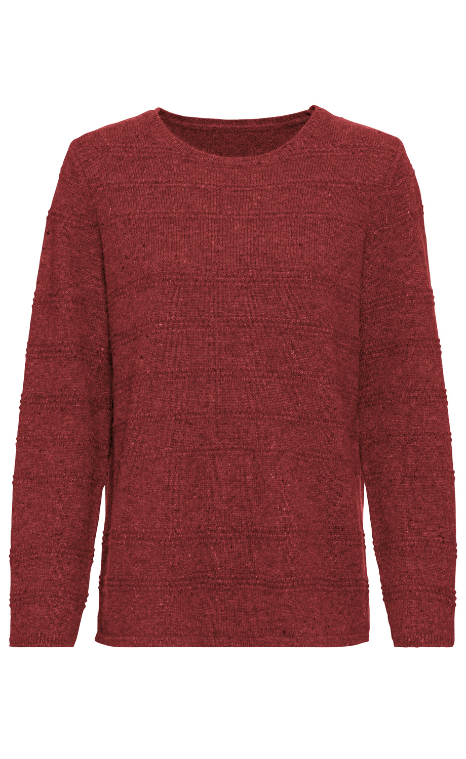 roter gestrickter Pullover mit Rundhalsausschnitt und langen Ärmeln, feine Struktur mit verschiedenen Strickmustern, schlichtes Design ohne Muster oder Applikationen
