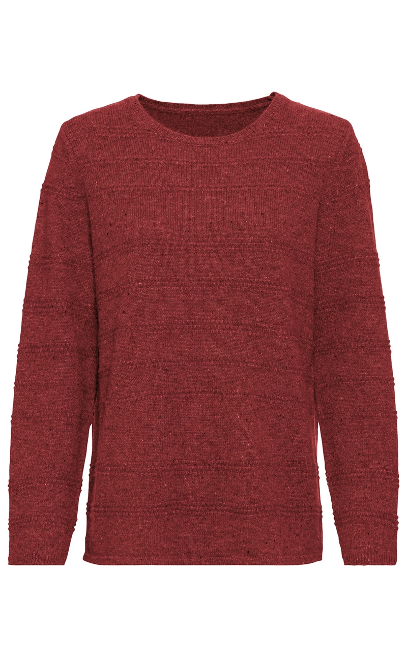 roter gestrickter Pullover mit Rundhalsausschnitt und langen Ärmeln, feine Struktur mit verschiedenen Strickmustern, schlichtes Design ohne Muster oder Applikationen