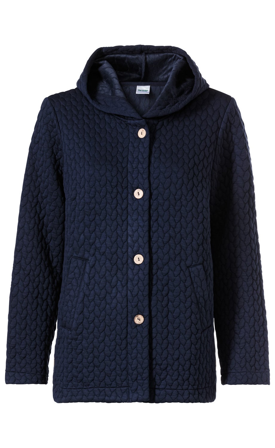 Dunkelblaue Viskose-Mix Jacke mit Kapuze, gesteppter Struktur in Zopfmusteroptik, vier hellbraune Knöpfe vorne, zwei seitliche Eingrifftaschen, lange Ärmel, gerade geschnitten.