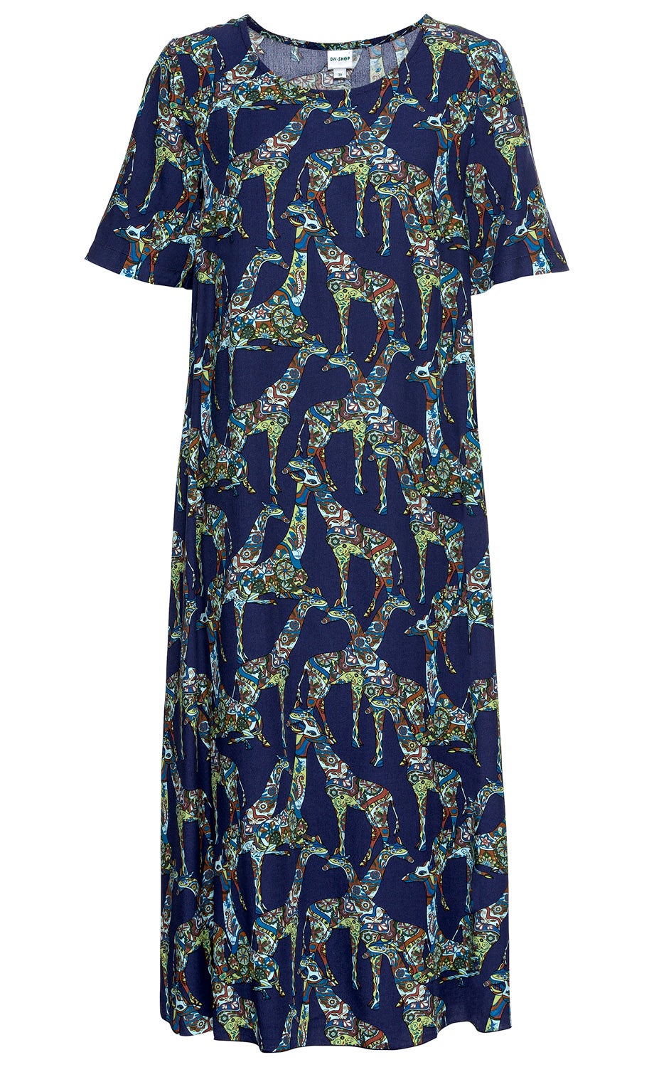 Dunkelblaues Viskose-Kleid mit kurzen Ärmeln, lockerem Schnitt und buntem Giraffenmuster in Grün, Blau, Braun und Weiß, rundem Ausschnitt und knieumspielender Länge.