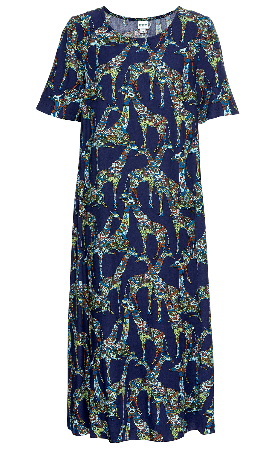 Dunkelblaues Viskose-Kleid mit kurzen Ärmeln, lockerem Schnitt und buntem Giraffenmuster in Grün, Blau, Braun und Weiß, rundem Ausschnitt und knieumspielender Länge.